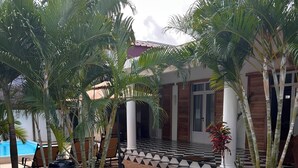Un pati amb un paviment de pissos, palmeres, una barbacoa i una piscina.