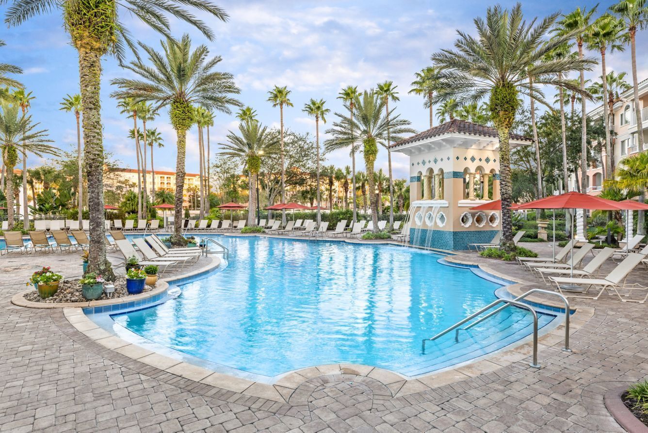 A pool area with palm trees, lounge chairs, and a building with a tiled facade.