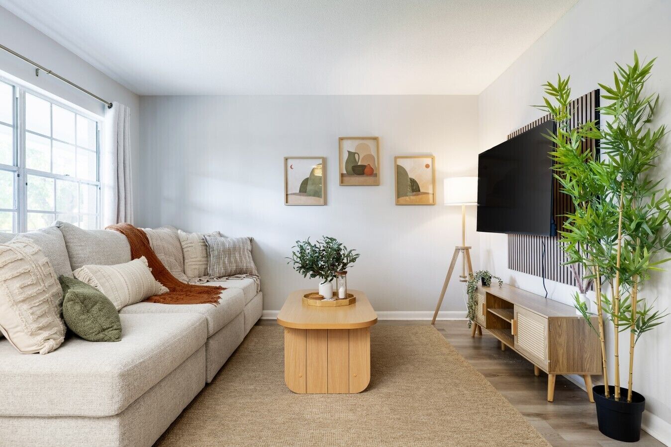 A modern living room with a sofa, a coffee table, a TV, and wall-mounted artwork.