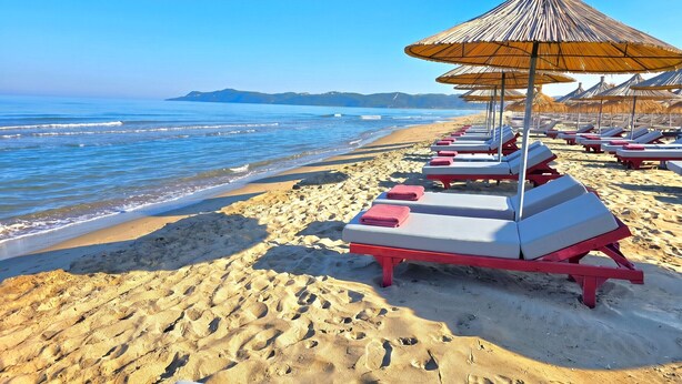 Una playa con filas de tumbonas y sombrillas de paja.
