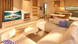 A modern living room with a fireplace, a television, and a dining area. - Superb Villa With Pool in San Pietro Resort (Gjiri Lalzit)
