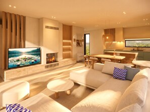 Ein modernes Wohnzimmer mit Kamin, Fernseher und Essbereich.