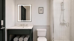 Une salle de bain avec un lavabo, des toilettes et une douche.