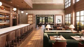 A bar area with a long counter and multiple stools, a seating area with tables and chairs, and a view through a doorway to another room.