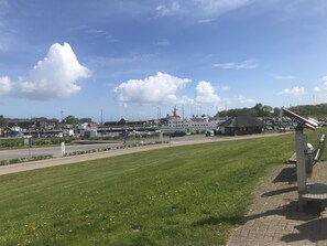 Eine grüne Fläche mit einem Weg, ein großes Gebäude mit rotem Dach und ein weißes Schiff im Hintergrund.