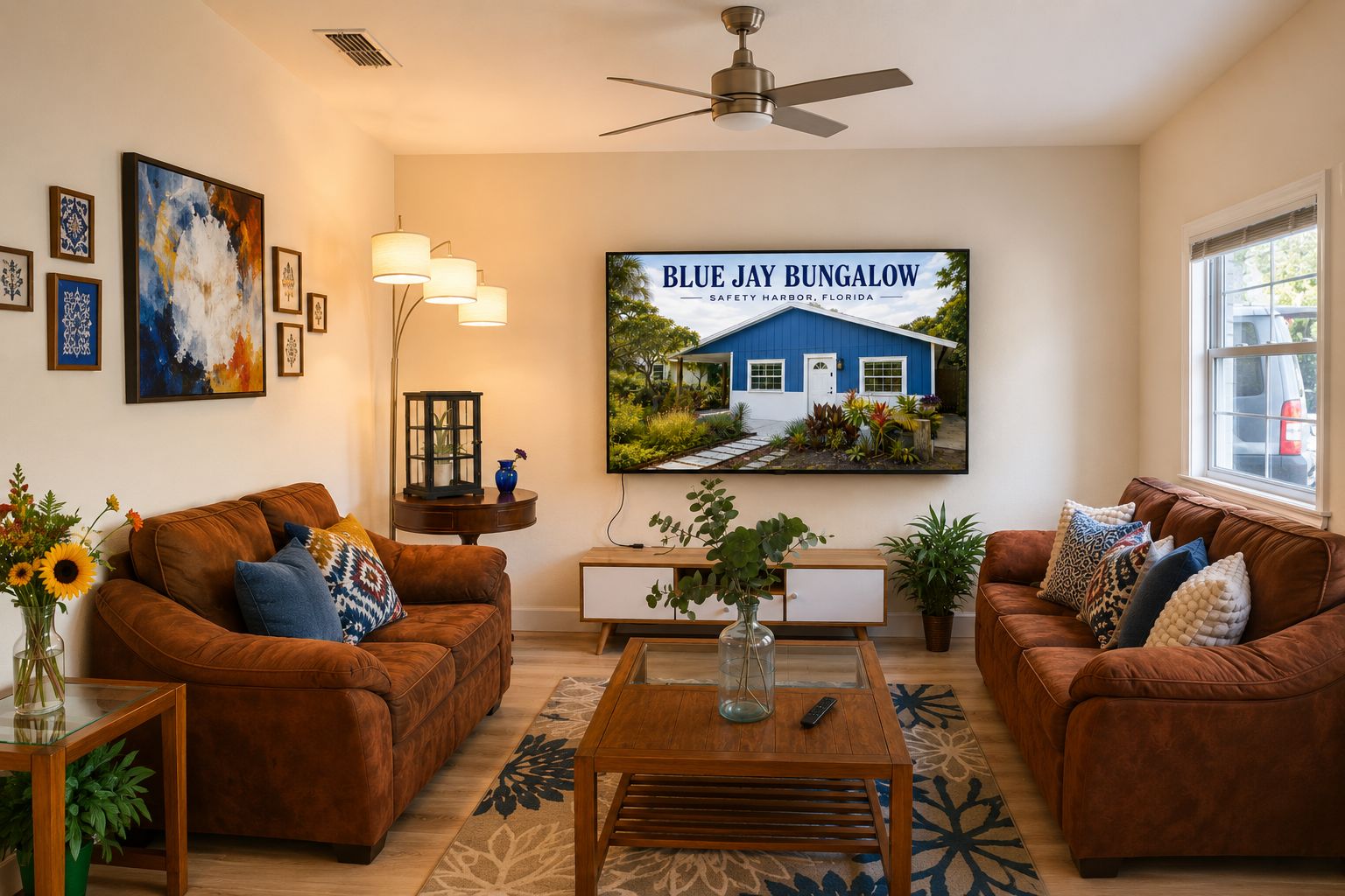 A living room with two brown leather sofas, a coffee table, a TV mounted on the wall, and a framed picture of a bungalow.