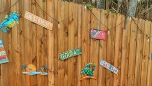 A wooden table with a Buccaneers logo, surrounded by a wooden fence with various signs. - 2 Bed Oasis 10 Minutes to Downtown (tampa)