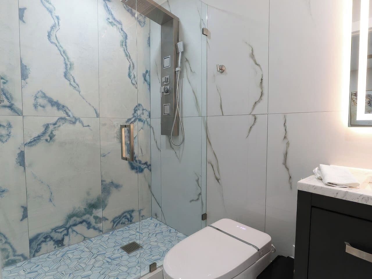 Shower, hair dryer, bidet, towels