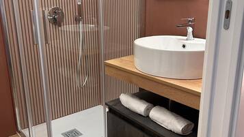 Shower, hair dryer, bidet, towels