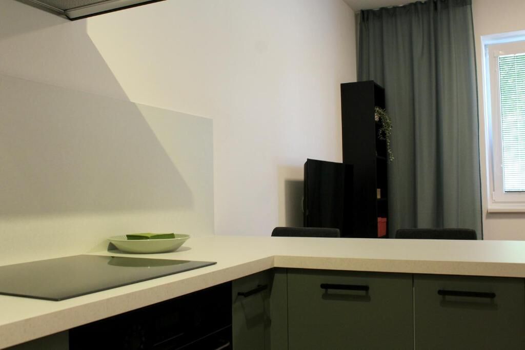 Une cuisine avec un plan de travail, un saladier, un appareil électroménager noir et des placards.