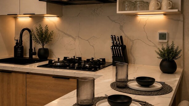 A modern kitchen with a marble countertop, a gas stove, a sink, and a built-in range hood. - Modern 1BR Retreat with Private Jacuzzi & Patio up to, 4 guests allowed. (Santiago De Los Caballeros)