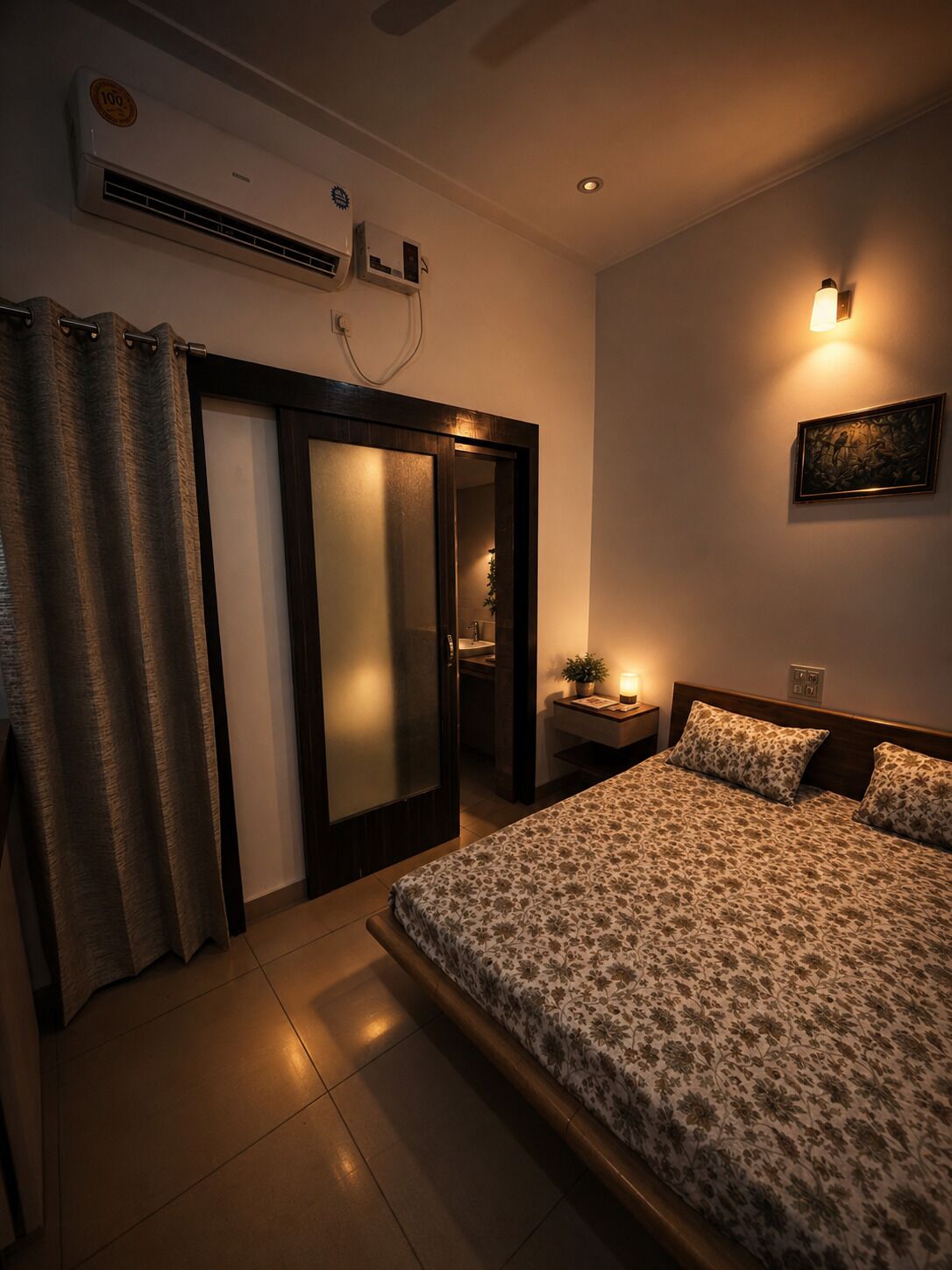 Une chambre à coucher comprenant un lit, une table de chevet, une lampe fixée au mur et un appareil de climatisation.