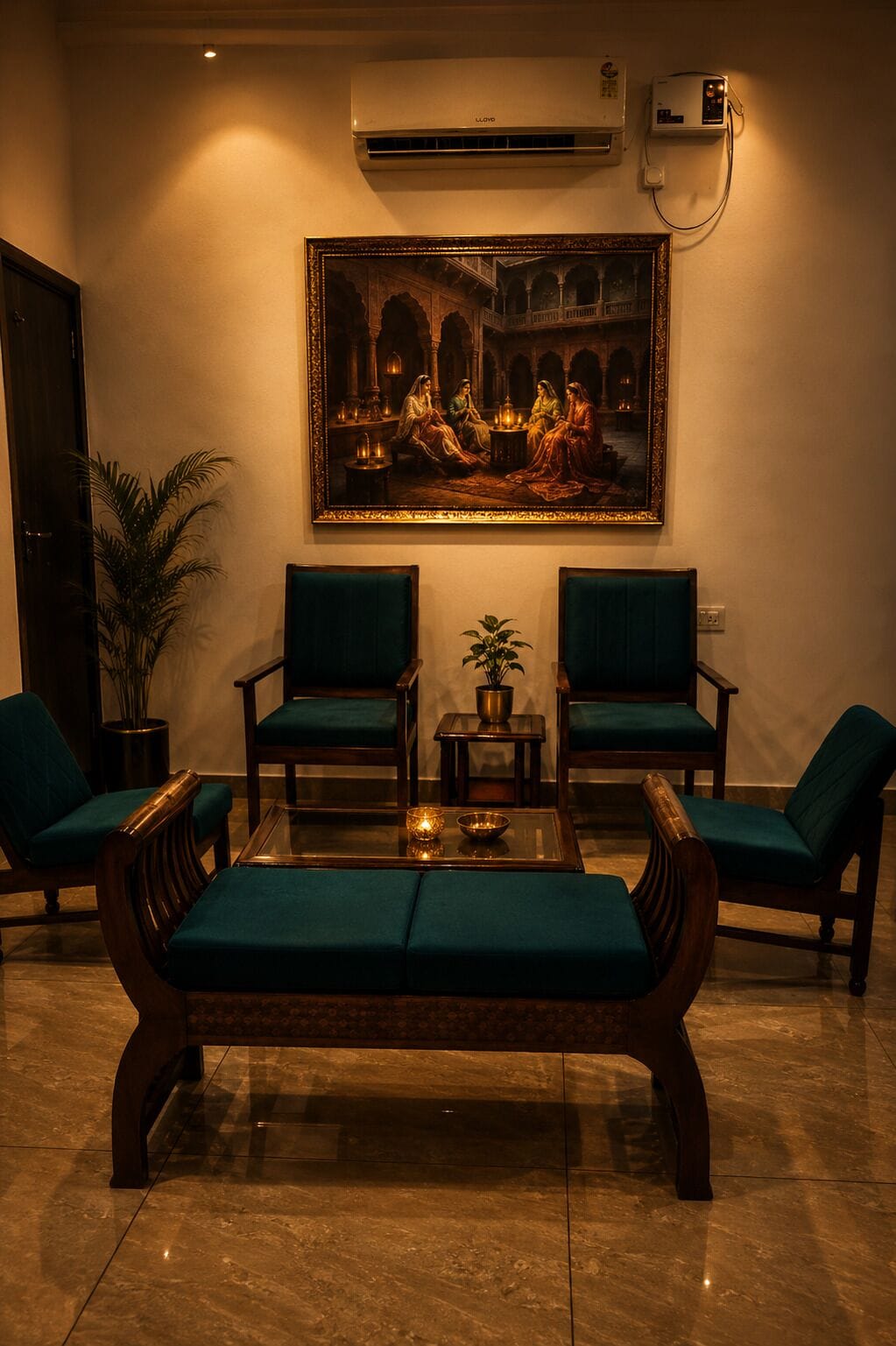 A lobby with a large framed painting, two green upholstered chairs, a wooden sofa, a small table with a candle, and an air conditioning unit.