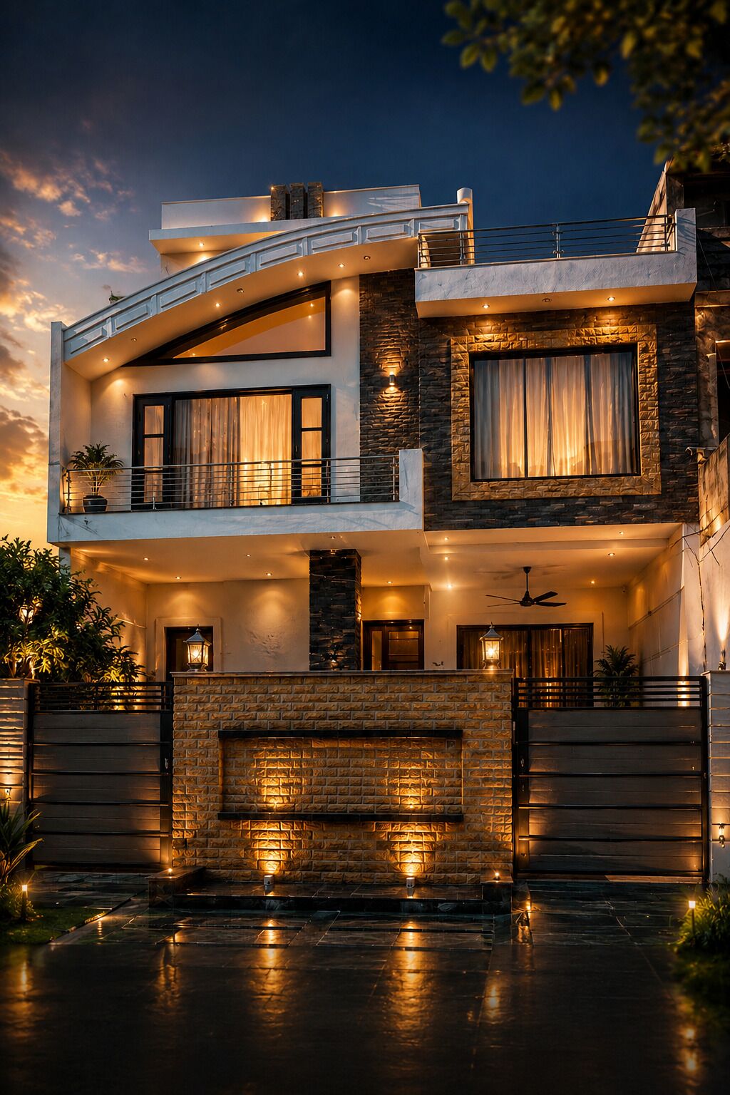 Une maison moderne à deux étages, dotée d’un balcon, d’une cheminée en pierre et d’une entrée bien éclairée.