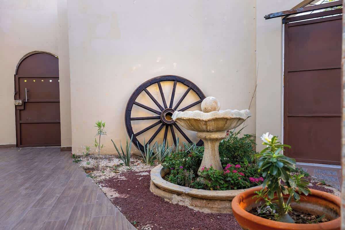 Un patio con una noria grande, un bebedero para pájaros, plantas en macetas y una puerta.