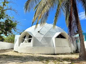 Un bâtiment en forme de dôme, à l’extérieur blanc, entouré d’une zone sablonneuse et de palmiers.