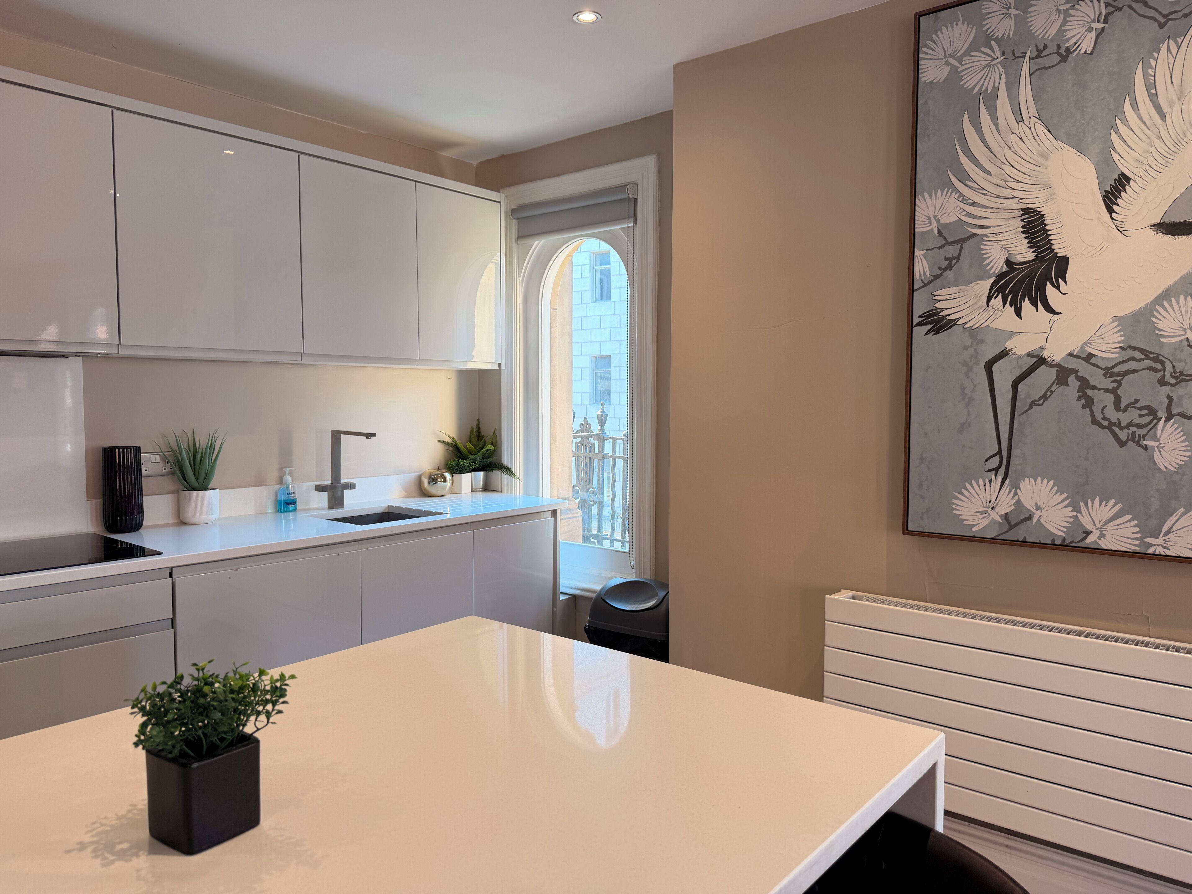 A modern kitchen with a white countertop, a sink, and cabinets. There is a potted plant on the counter and a large painting on the wall.