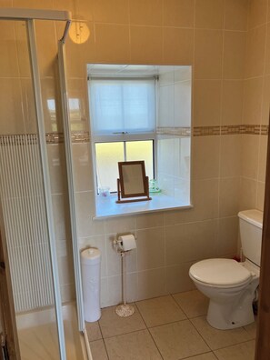 Une salle de bain comprenant des toilettes, une fenêtre avec un cadre décoratif, une douche et un porte-rouleau de papier toilette.