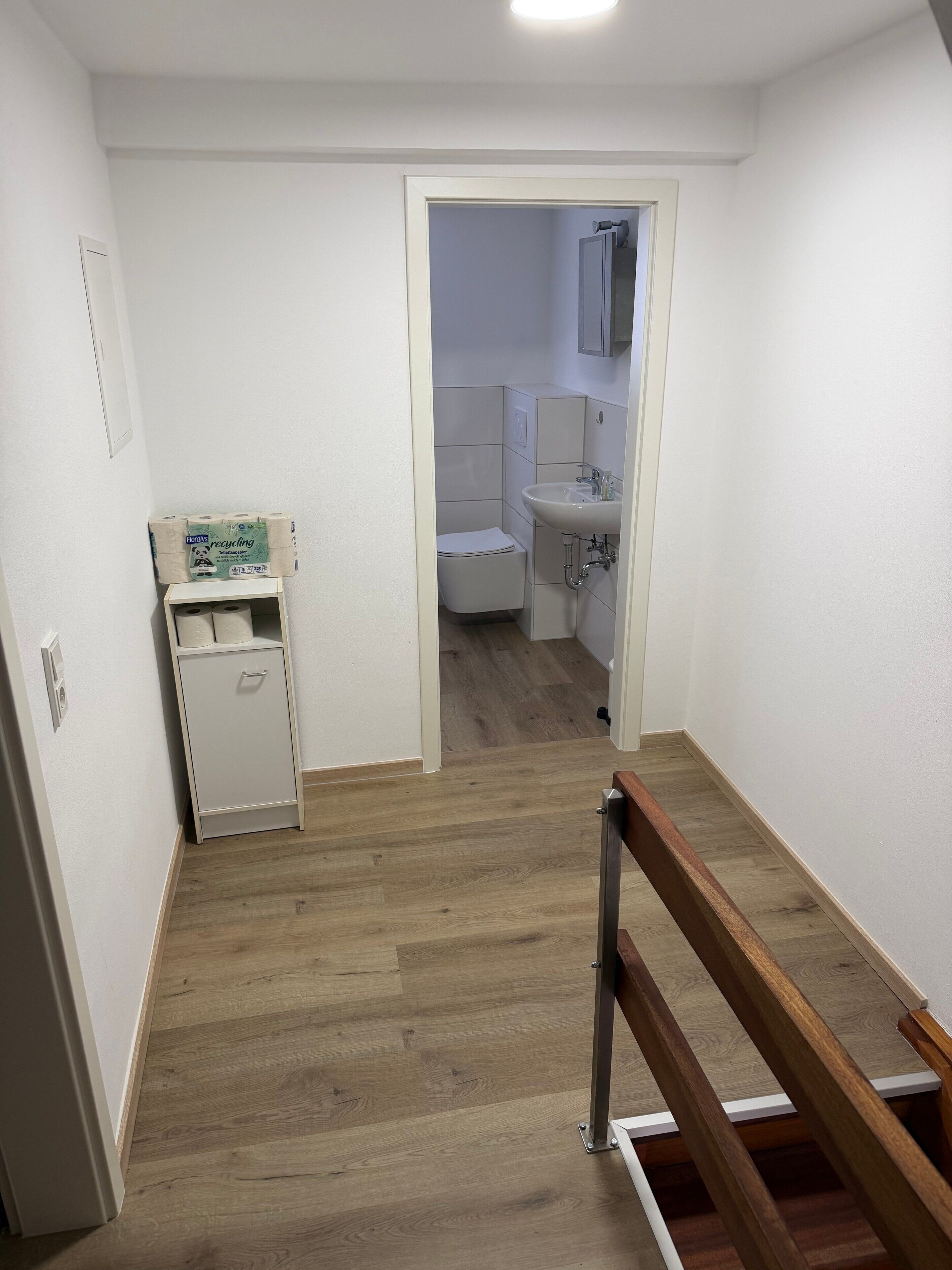 En smal gang med trægulv, en hvid dør og et lille skab med toiletpapir.