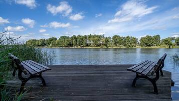 Un muelle de madera con dos bancos mirando a un lago tranquilo, rodeado de árboles y cielos despejados.
