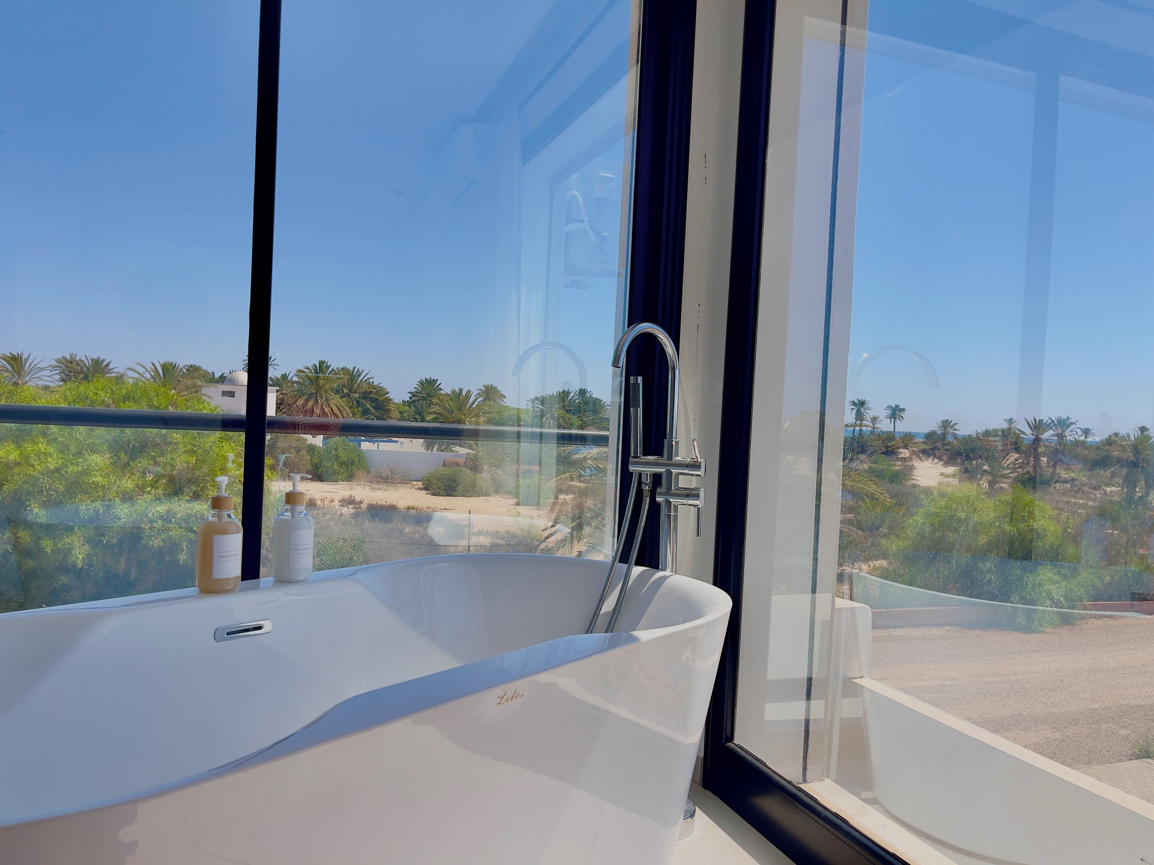 A modern bathroom with a large bathtub, a glass shower enclosure, and a view of a landscaped area with palm trees.