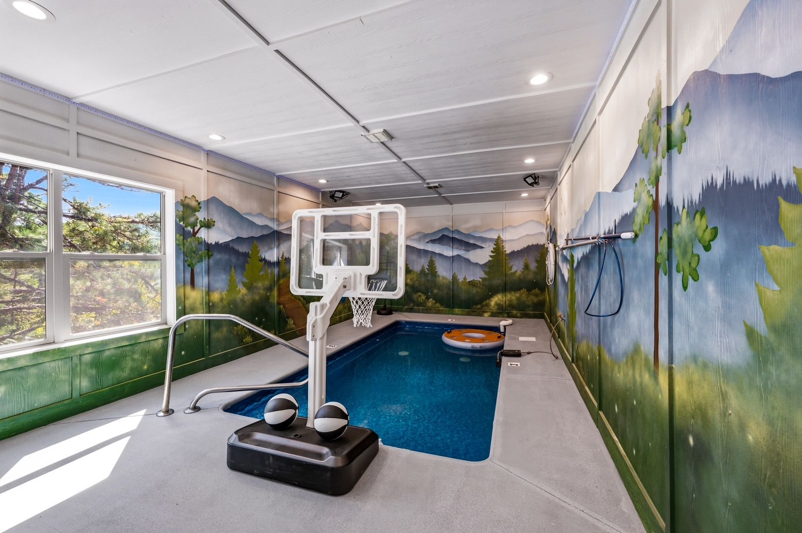An indoor swimming pool with a basketball hoop, a hot tub, and a mural of a mountainous landscape.