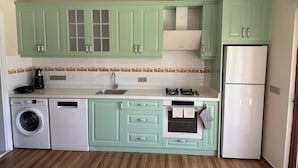 Una cocina con gabinetes verdes, lavadora, estufa y refrigerador.
