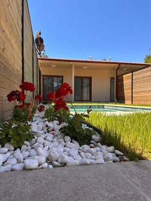 A house with a swimming pool, a garden with white pebbles, and red flowers.