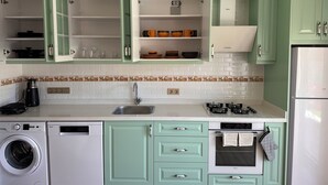 Une cuisine équipée d’un lave-linge, d’une cuisinière et d’armoires ouvertes.