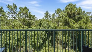 A balcony with a metal railing overlooking a forested area with pine trees. - Villagio C241 (Pensacola)