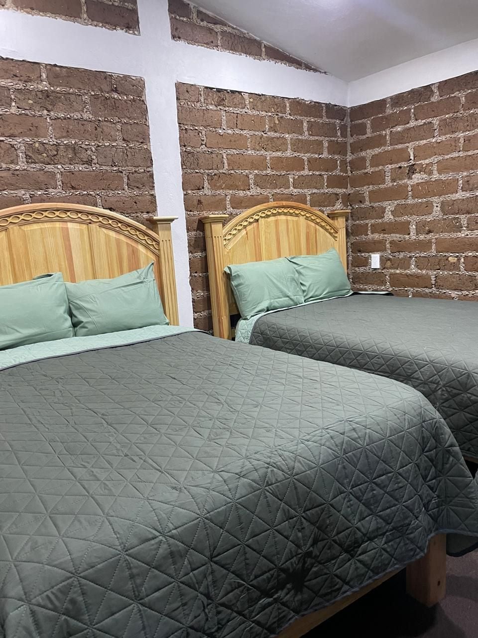 Habitación con dos camas, cada una con cabecero de madera y ropa de cama verde. Las paredes son de ladrillo visto.