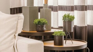 Una sala de estar moderna con un sofá, una mesa de centro redonda y plantas en macetas.