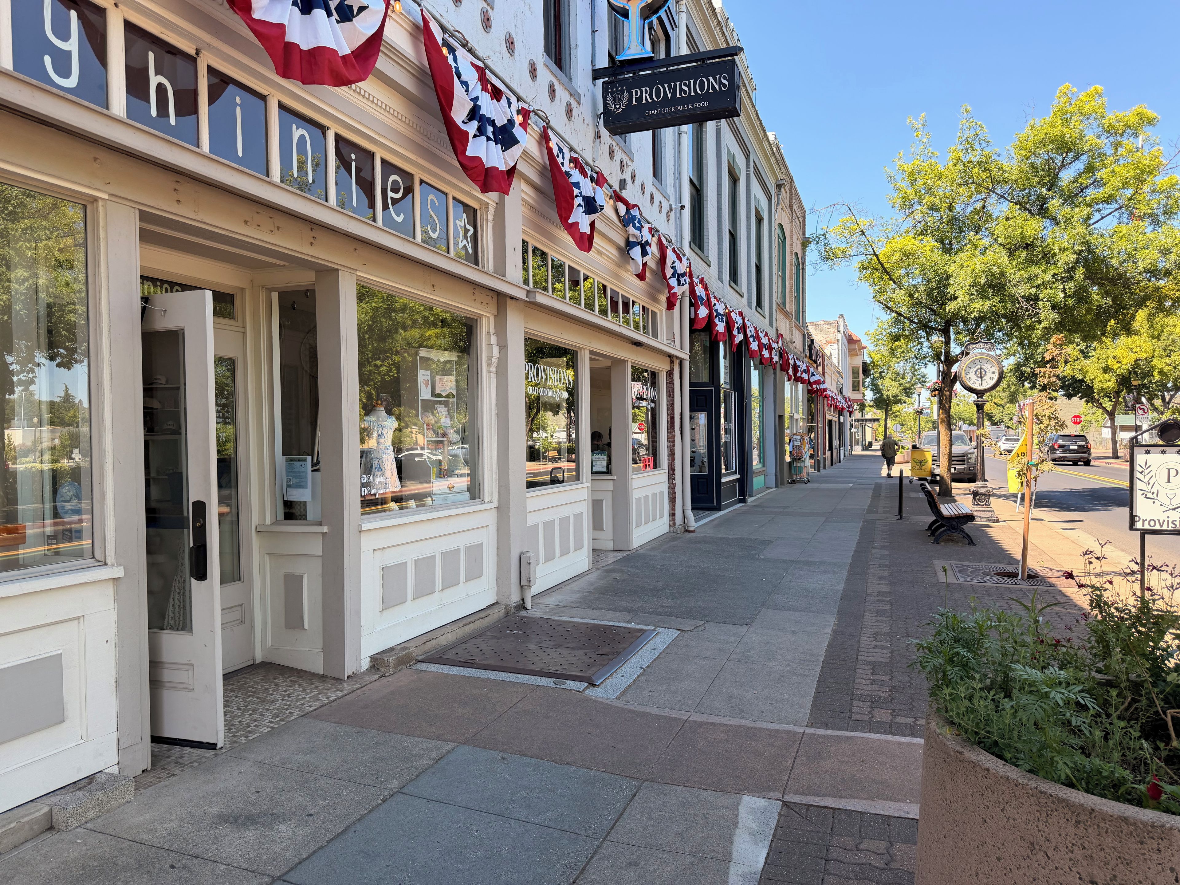 A storefront with a sign reading 'PROVISIONS' and a row of American flags above the entrance.