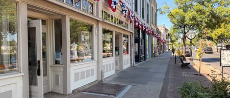 A storefront with a sign reading 'PROVISIONS' and a row of American flags above the entrance.