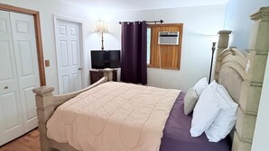 Un dormitorio con cama, televisión, ventana con cortinas y puerta.