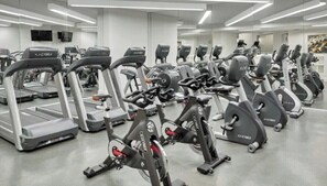 A gym with multiple cardio machines, including treadmills and stationary bikes, arranged in rows. - Charming 1BR Escape at South Beach Marina (San Francisco)