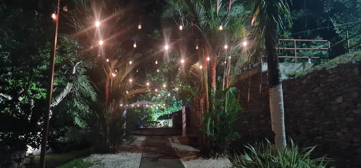 Un sendero bordeado de árboles e iluminado por luces colgantes, que conduce a una construcción con techo.
