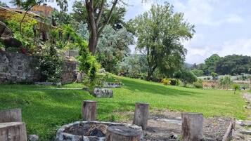 Un jardin avec un mur en pierre, un grand arbre et un espace aménagé avec un foyer.