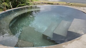 A clear swimming pool with a curved edge, surrounded by a concrete deck. - Beautiful private villa with lovely gardens and trees (Santiago Atitlán)