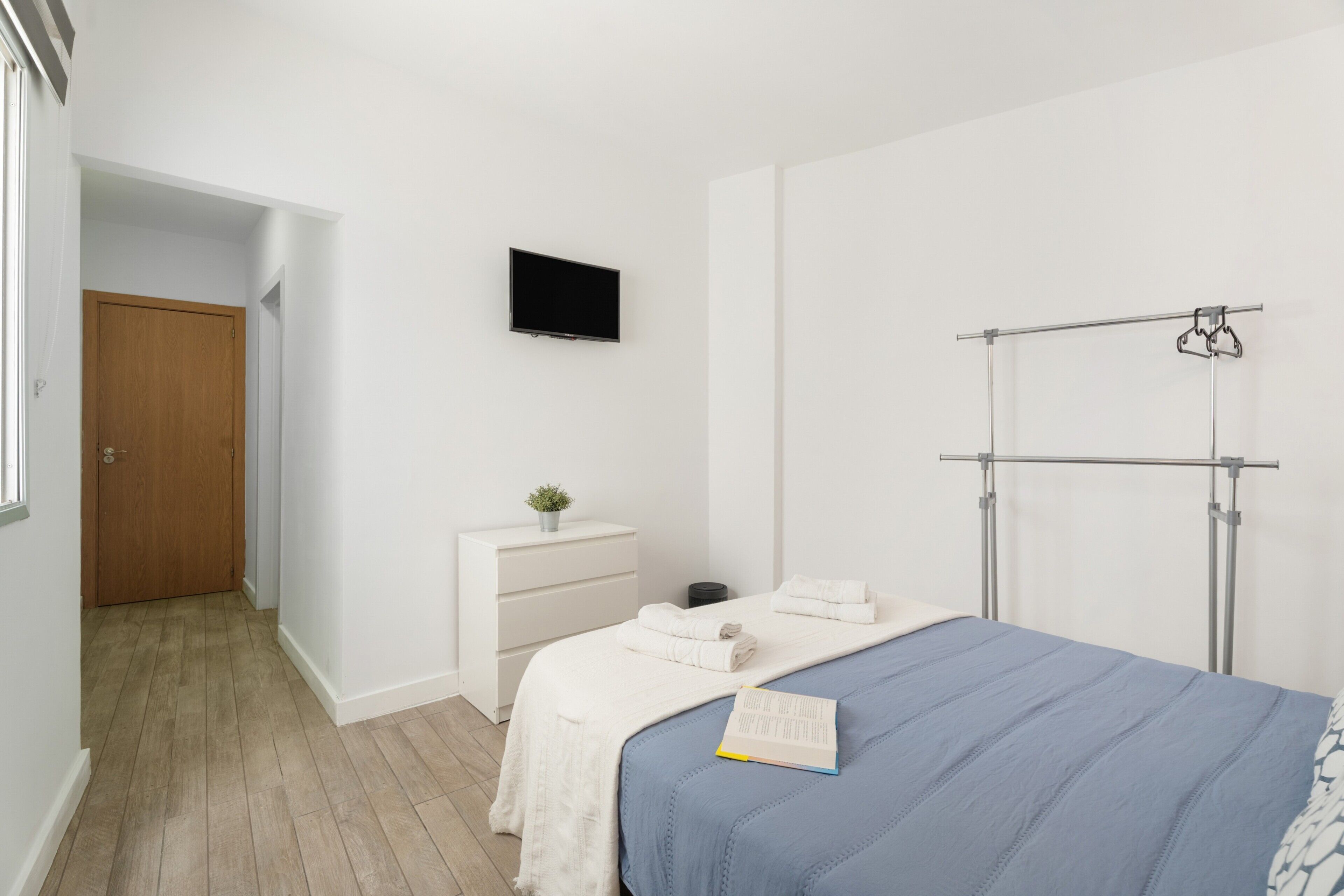 A bedroom with a bed, a TV, a wardrobe, and a small plant.