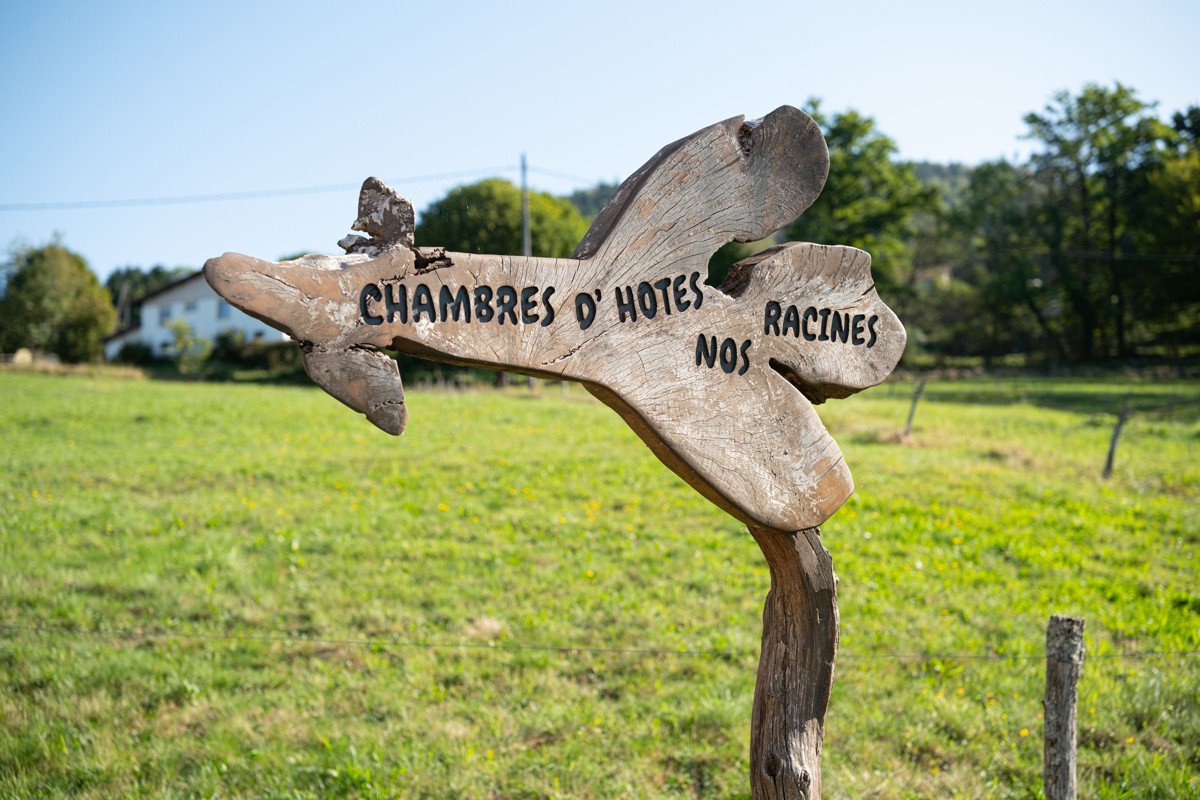 Un panneau en bois portant l'inscription « CHAMBRES D'HÔTES NOS RACHES » et indiquant deux directions.