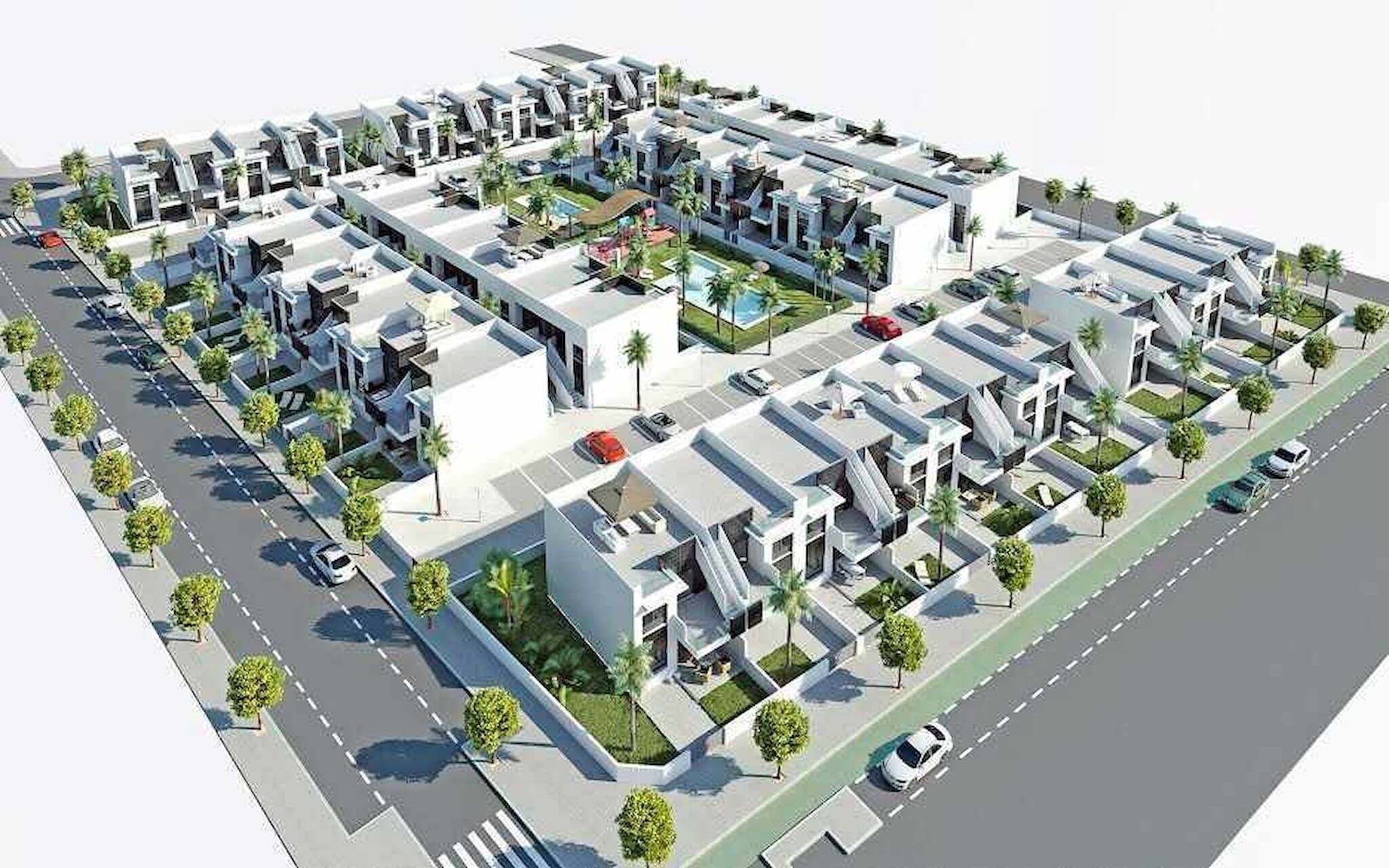 A modern residential complex with multiple buildings, a central courtyard, and a swimming pool.