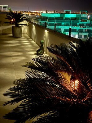 A rooftop terrace with a statue, palm trees, and a view of a cityscape at night. - Apartment Playa Flamenca Deluxe (Orihuela)