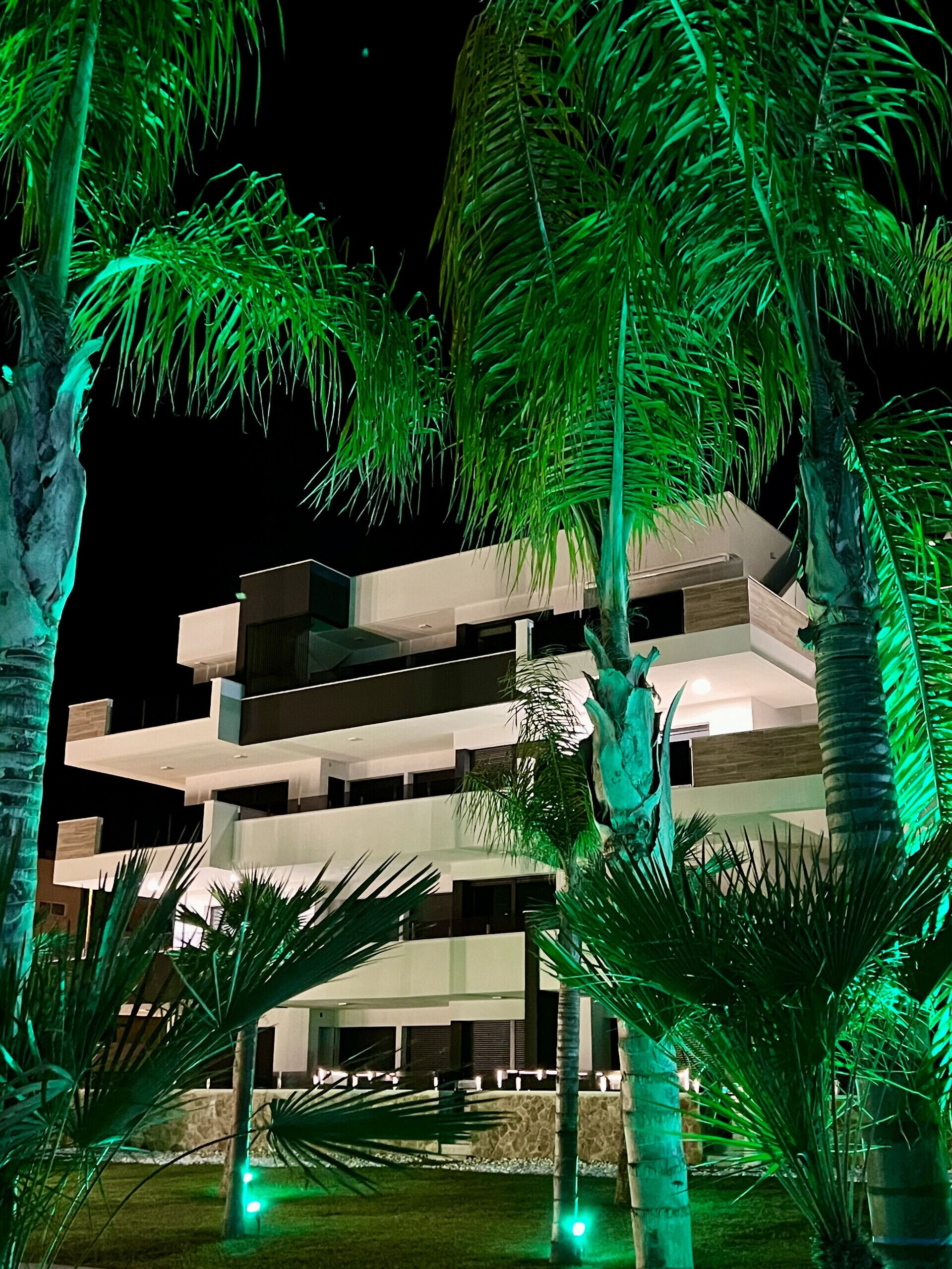 Un immeuble moderne à plusieurs étages, doté de balcons, entouré de palmiers et illuminé de lumières vertes.
