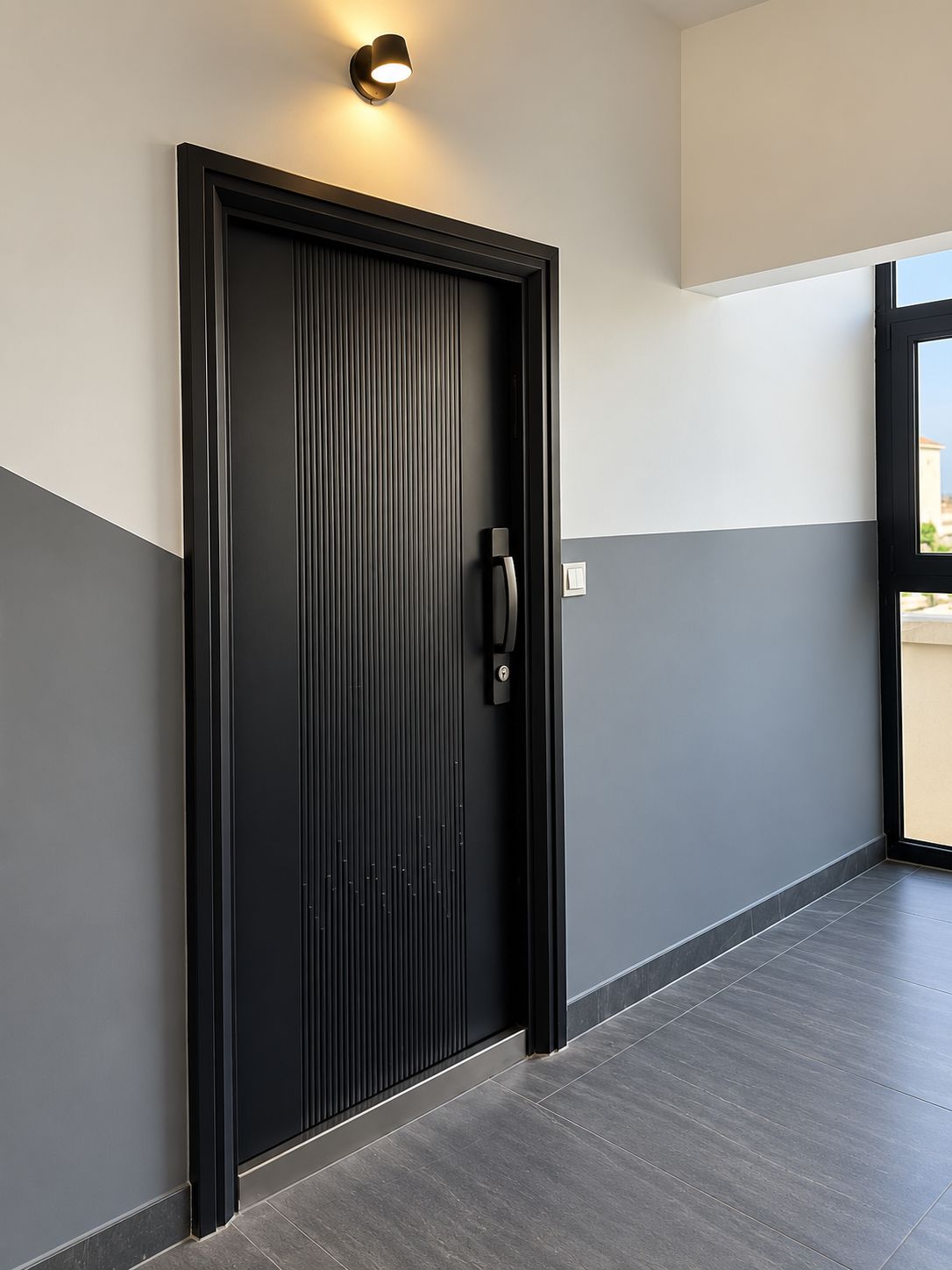 A modern door with a vertical panel design, a handle, and a light fixture above it.