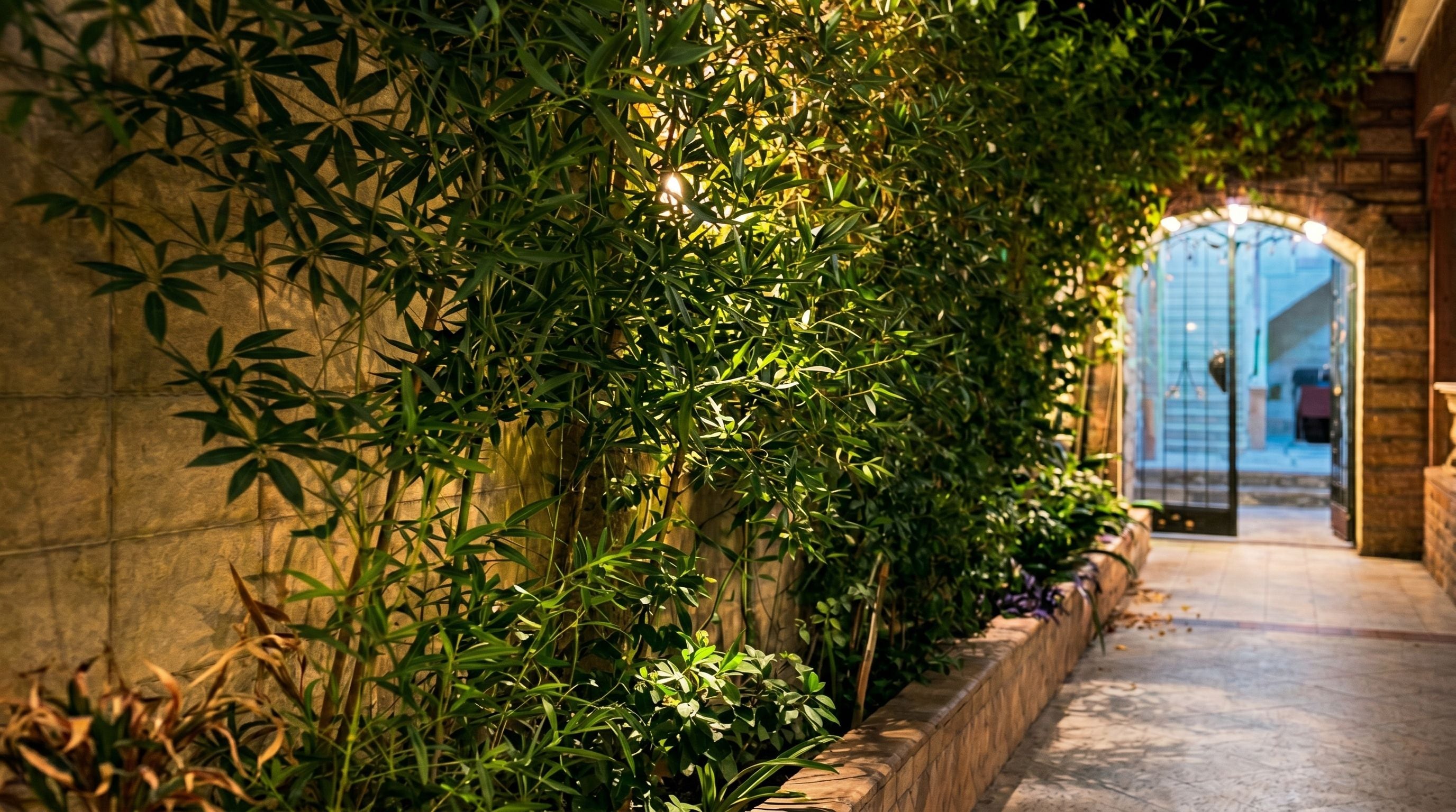 A corridor with a bamboo wall and a stone pathway leading to a door with a glass panel.