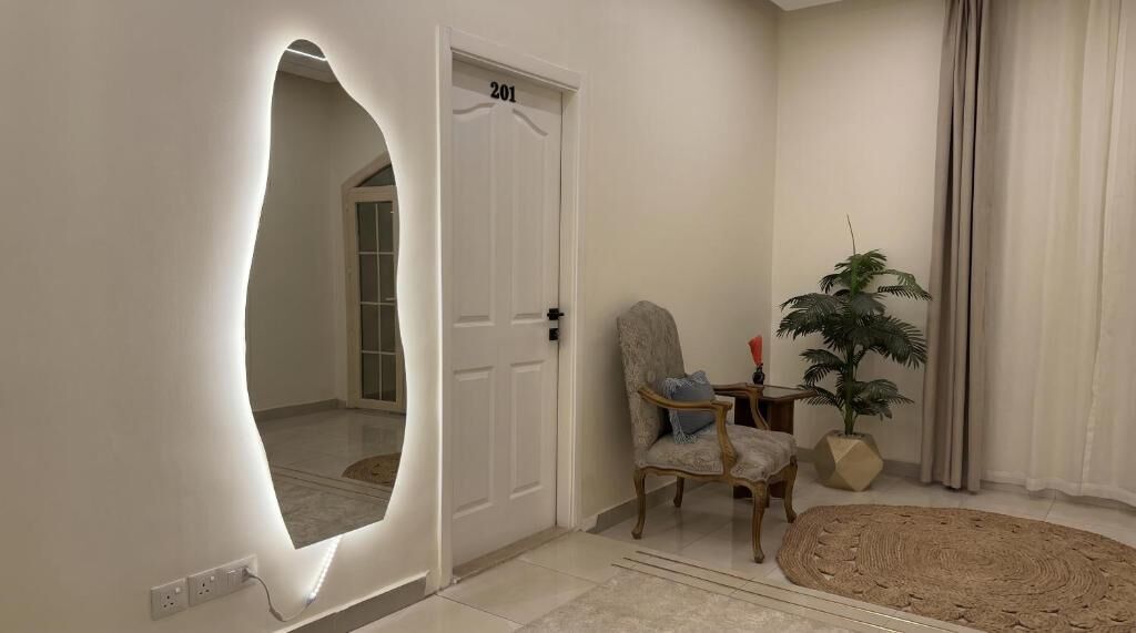 A room with a modern design, featuring a white door with the number 201, a round rug, a chair, and a potted plant.