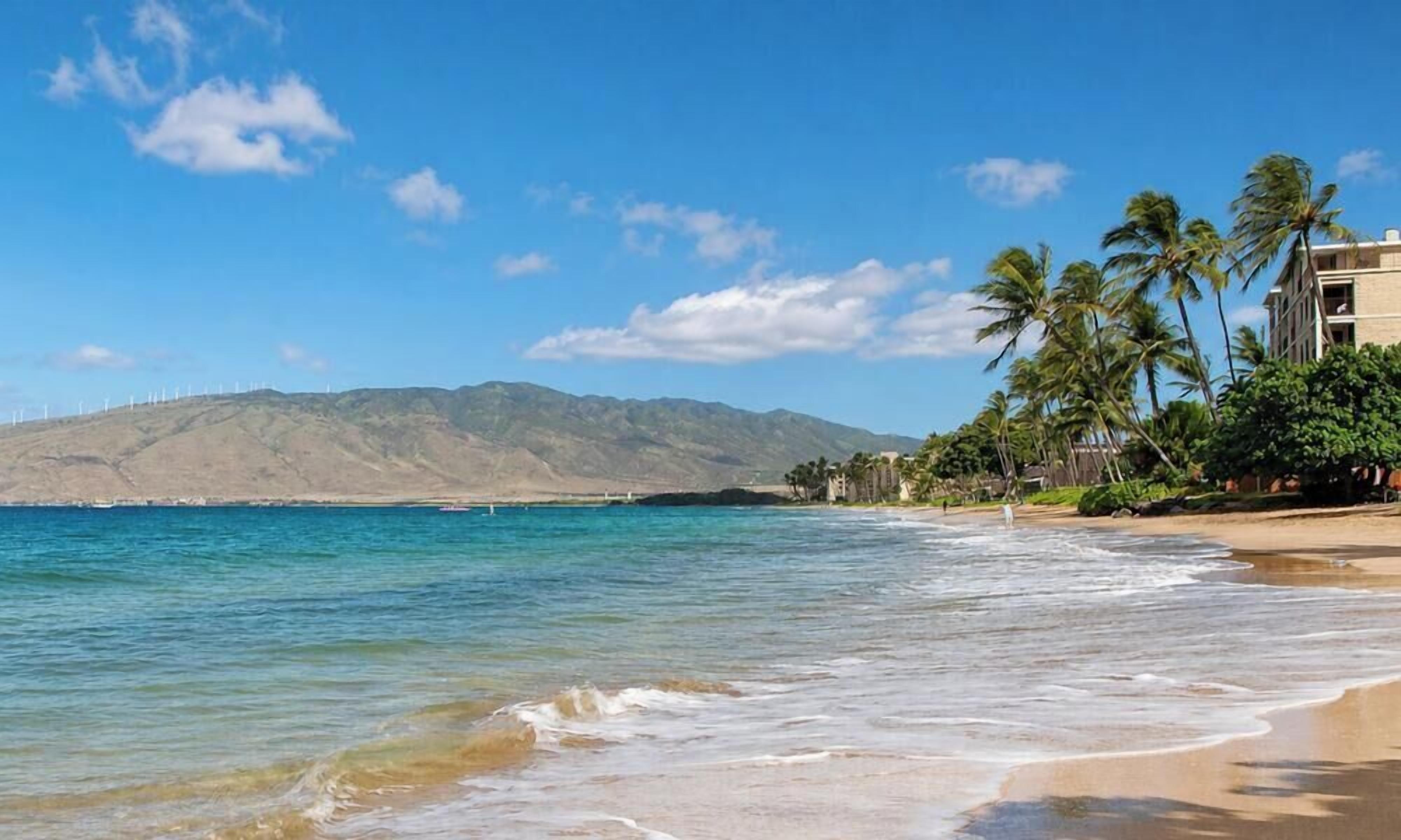 A beach with clear blue water, a sandy shore, and a mountain in the background.