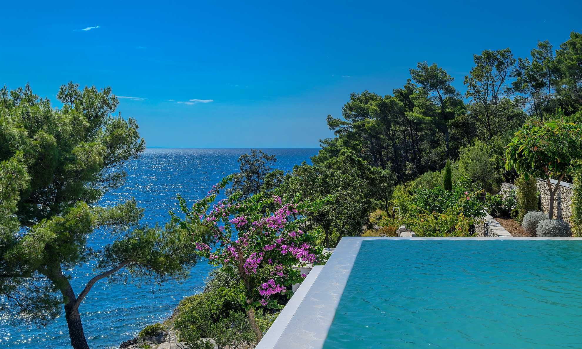A pool with a view of the sea, surrounded by greenery and trees.