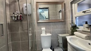 Um banheiro com box de vidro, vaso sanitário, pia e espelho sobre o espelho.